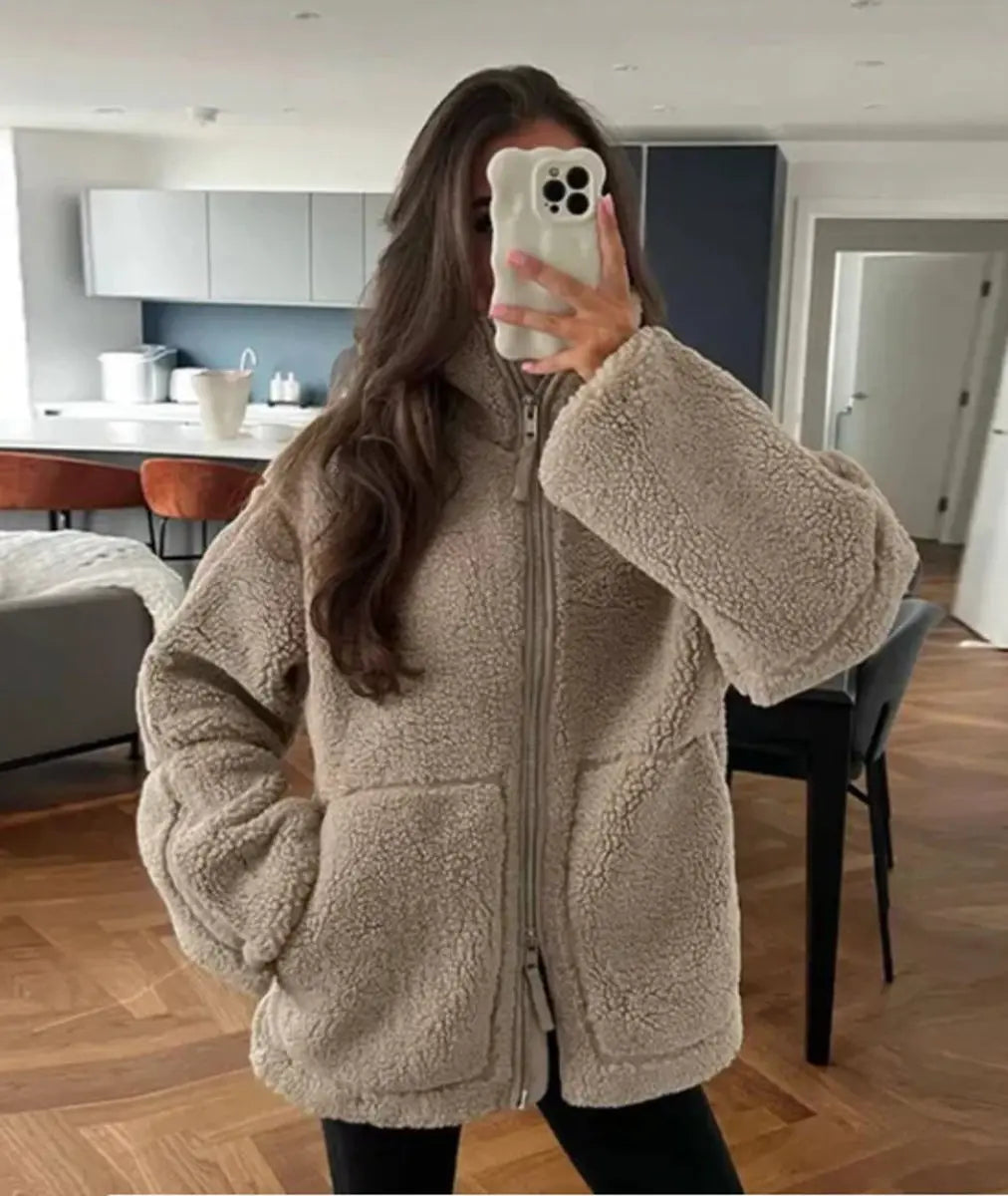 Women's Winter Coat Relaxed Fit Teddy Fleece Zip-Up Jacket